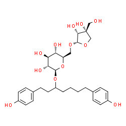 ChemSpider 2D Image | 1,7-Bis(4-hydroxyphenyl)-3-heptanyl 6-O-[(2S,3R,4R)-3,4-dihydroxy-4-(hydroxymethyl)tetrahydro-2-furanyl]-beta-D-glucopyranoside | C30H42O12