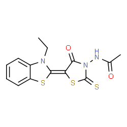 ChemSpider 2D Image | N-[(5Z)-5-(3-Ethyl-1,3-benzothiazol-2(3H)-ylidene)-4-oxo-2-thioxo-1,3-thiazolidin-3-yl]acetamide | C14H13N3O2S3