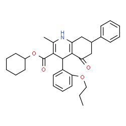 ChemSpider 2D Image | Cyclohexyl 2-methyl-5-oxo-7-phenyl-4-(2-propoxyphenyl)-1,4,5,6,7,8-hexahydro-3-quinolinecarboxylate | C32H37NO4