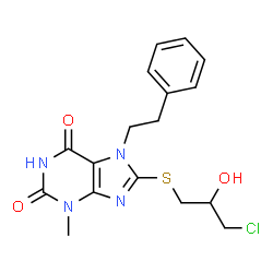 ChemSpider 2D Image | 8-[(3-Chloro-2-hydroxypropyl)sulfanyl]-3-methyl-7-(2-phenylethyl)-3,7-dihydro-1H-purine-2,6-dione | C17H19ClN4O3S