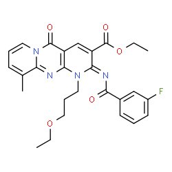 ChemSpider 2D Image | Ethyl (2Z)-1-(3-ethoxypropyl)-2-[(3-fluorobenzoyl)imino]-10-methyl-5-oxo-1,5-dihydro-2H-dipyrido[1,2-a:2',3'-d]pyrimidine-3-carboxylate | C27H27FN4O5