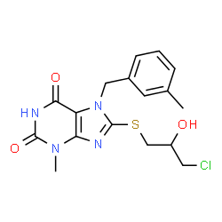 ChemSpider 2D Image | 8-[(3-Chloro-2-hydroxypropyl)sulfanyl]-3-methyl-7-(3-methylbenzyl)-3,7-dihydro-1H-purine-2,6-dione | C17H19ClN4O3S