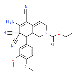 ChemSpider 2D Image | Ethyl 6-amino-5,7,7-tricyano-8-(3,4-dimethoxyphenyl)-3,7,8,8a-tetrahydro-2(1H)-isoquinolinecarboxylate | C23H23N5O4