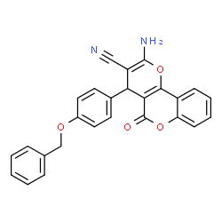 ChemSpider 2D Image | 2-Amino-4-(4-benzyloxy-phenyl)-5-oxo-4H,5H-pyrano[3,2-c]chromene-3-carbonitrile | C26H18N2O4