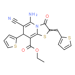 ChemSpider 2D Image | Ethyl 5-amino-6-cyano-3-oxo-7-(2-thienyl)-2-(2-thienylmethylene)-2,3-dihydro-7H-[1,3]thiazolo[3,2-a]pyridine-8-carboxylate | C20H15N3O3S3