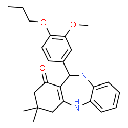 ChemSpider 2D Image | 11-(3-Methoxy-4-propoxyphenyl)-3,3-dimethyl-2,3,4,5,10,11-hexahydro-1H-dibenzo[b,e][1,4]diazepin-1-one | C25H30N2O3