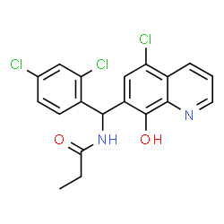 ChemSpider 2D Image | N-[(5-Chloro-8-hydroxy-7-quinolinyl)(2,4-dichlorophenyl)methyl]propanamide | C19H15Cl3N2O2