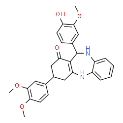 ChemSpider 2D Image | 3-(3,4-Dimethoxyphenyl)-11-(4-hydroxy-3-methoxyphenyl)-2,3,4,5,10,11-hexahydro-1H-dibenzo[b,e][1,4]diazepin-1-one | C28H28N2O5