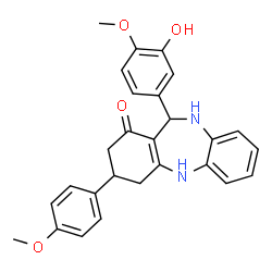 ChemSpider 2D Image | 11-(3-Hydroxy-4-methoxyphenyl)-3-(4-methoxyphenyl)-2,3,4,5,10,11-hexahydro-1H-dibenzo[b,e][1,4]diazepin-1-one | C27H26N2O4