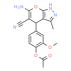 ChemSpider 2D Image | 4-{6-amino-5-cyano-3-methyl-2H,4H-pyrano[2,3-c]pyrazol-4-yl}-2-methoxyphenyl acetate | C17H16N4O4