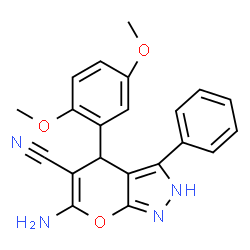 ChemSpider 2D Image | 6-amino-4-(2,5-dimethoxyphenyl)-3-phenyl-1,4-dihydropyrano[2,3-c]pyrazole-5-carbonitrile | C21H18N4O3