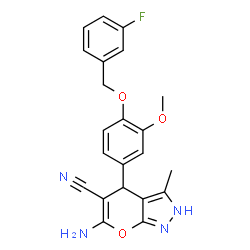 ChemSpider 2D Image | 6-Amino-4-{4-[(3-fluorobenzyl)oxy]-3-methoxyphenyl}-3-methyl-2,4-dihydropyrano[2,3-c]pyrazole-5-carbonitrile | C22H19FN4O3