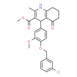 ChemSpider 2D Image | Methyl 4-{4-[(3-chlorobenzyl)oxy]-3-methoxyphenyl}-2-methyl-5-oxo-1,4,5,6,7,8-hexahydro-3-quinolinecarboxylate | C26H26ClNO5