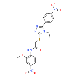ChemSpider 2D Image | 2-{[4-Ethyl-5-(4-nitrophenyl)-4H-1,2,4-triazol-3-yl]sulfanyl}-N-(2-methoxy-4-nitrophenyl)acetamide | C19H18N6O6S