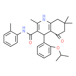 ChemSpider 2D Image | 4-(2-Isopropoxyphenyl)-2,7,7-trimethyl-N-(2-methylphenyl)-5-oxo-1,4,5,6,7,8-hexahydro-3-quinolinecarboxamide | C29H34N2O3