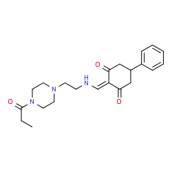 ChemSpider 2D Image | 5-Phenyl-2-({[2-(4-propionyl-1-piperazinyl)ethyl]amino}methylene)-1,3-cyclohexanedione | C22H29N3O3