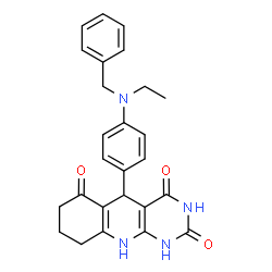 ChemSpider 2D Image | 5-{4-[Benzyl(ethyl)amino]phenyl}-5,8,9,10-tetrahydropyrimido[4,5-b]quinoline-2,4,6(1H,3H,7H)-trione | C26H26N4O3