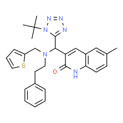 ChemSpider 2D Image | 6-Methyl-3-{[1-(2-methyl-2-propanyl)-1H-tetrazol-5-yl][(2-phenylethyl)(2-thienylmethyl)amino]methyl}-2(1H)-quinolinone | C29H32N6OS