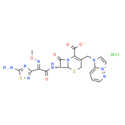 ChemSpider 2D Image | (7R)-7-{[(2E)-2-(5-Amino-1,2,4-thiadiazol-3-yl)-2-(methoxyimino)acetyl]amino}-3-(1H-imidazo[1,2-b]pyridazin-4-ium-1-ylmethyl)-8-oxo-5-thia-1-azabicyclo[4.2.0]oct-2-ene-2-carboxylate hydrochloride (1:1) | C19H18ClN9O5S2