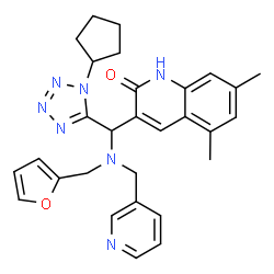ChemSpider 2D Image | 3-{(1-Cyclopentyl-1H-tetrazol-5-yl)[(2-furylmethyl)(3-pyridinylmethyl)amino]methyl}-5,7-dimethyl-2(1H)-quinolinone | C29H31N7O2