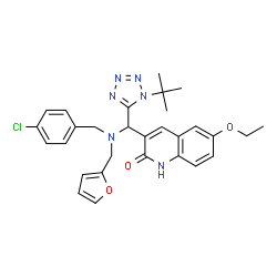 ChemSpider 2D Image | 3-{[(4-Chlorobenzyl)(2-furylmethyl)amino][1-(2-methyl-2-propanyl)-1H-tetrazol-5-yl]methyl}-6-ethoxy-2(1H)-quinolinone | C29H31ClN6O3