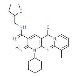 ChemSpider 2D Image | (2E)-1-Cyclohexyl-2-imino-10-methyl-5-oxo-N-(tetrahydro-2-furanylmethyl)-1,5-dihydro-2H-dipyrido[1,2-a:2',3'-d]pyrimidine-3-carboxamide | C24H29N5O3
