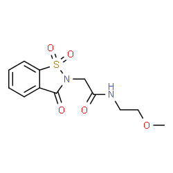 ChemSpider 2D Image | 2-(1,1-Dioxido-3-oxo-1,2-benzothiazol-2(3H)-yl)-N-(2-methoxyethyl)acetamide | C12H14N2O5S
