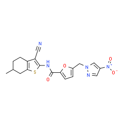 ChemSpider 2D Image | N-(3-Cyano-6-methyl-4,5,6,7-tetrahydro-1-benzothiophen-2-yl)-5-[(4-nitro-1H-pyrazol-1-yl)methyl]-2-furamide | C19H17N5O4S
