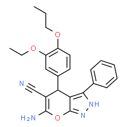 ChemSpider 2D Image | 6-Amino-4-(3-ethoxy-4-propoxyphenyl)-3-phenyl-1,4-dihydropyrano[2,3-c]pyrazole-5-carbonitrile | C24H24N4O3