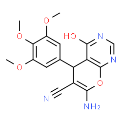 ChemSpider 2D Image | 7-Amino-4-oxo-5-(3,4,5-trimethoxyphenyl)-1,5-dihydro-4H-pyrano[2,3-d]pyrimidine-6-carbonitrile | C17H16N4O5