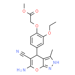 ChemSpider 2D Image | Methyl [4-(6-amino-5-cyano-3-methyl-2,4-dihydropyrano[2,3-c]pyrazol-4-yl)-2-ethoxyphenoxy]acetate | C19H20N4O5