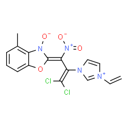 ChemSpider 2D Image | (2E)-2-[3,3-Dichloro-1-nitro-2-(3-vinyl-1H-imidazol-3-ium-1-yl)-2-propen-1-ylidene]-4-methyl-1,3-benzoxazol-3(2H)-olate | C16H12Cl2N4O4