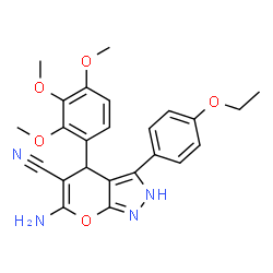 ChemSpider 2D Image | 6-Amino-3-(4-ethoxyphenyl)-4-(2,3,4-trimethoxyphenyl)-2,4-dihydropyrano[2,3-c]pyrazole-5-carbonitrile | C24H24N4O5