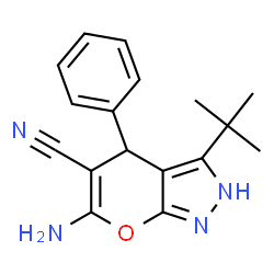ChemSpider 2D Image | 6-amino-3-tert-butyl-4-phenyl-1,4-dihydropyrano[2,3-c]pyrazole-5-carbonitrile | C17H18N4O