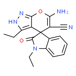 ChemSpider 2D Image | 6'-Amino-1,3'-diethyl-2-oxo-1,2-dihydro-2'H-spiro[indole-3,4'-pyrano[2,3-c]pyrazole]-5'-carbonitrile | C18H17N5O2