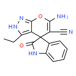 ChemSpider 2D Image | 6'-Amino-3'-ethyl-2-oxo-1,2-dihydro-2'H-spiro[indole-3,4'-pyrano[2,3-c]pyrazole]-5'-carbonitrile | C16H13N5O2
