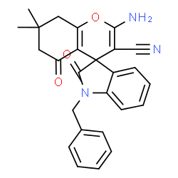 ChemSpider 2D Image | 2-Amino-1'-benzyl-7,7-dimethyl-2',5-dioxo-1',2',5,6,7,8-hexahydrospiro[chromene-4,3'-indole]-3-carbonitrile | C26H23N3O3