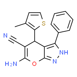 ChemSpider 2D Image | 6-Amino-4-(3-methyl-2-thienyl)-3-phenyl-1,4-dihydropyrano[2,3-c]pyrazole-5-carbonitrile | C18H14N4OS