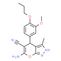 ChemSpider 2D Image | 6-Amino-4-(3-methoxy-4-propoxyphenyl)-3-methyl-2,4-dihydropyrano[2,3-c]pyrazole-5-carbonitrile | C18H20N4O3