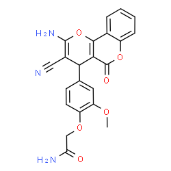 ChemSpider 2D Image | 2-[4-(2-Amino-3-cyano-5-oxo-4H,5H-pyrano[3,2-c]chromen-4-yl)-2-methoxyphenoxy]acetamide | C22H17N3O6