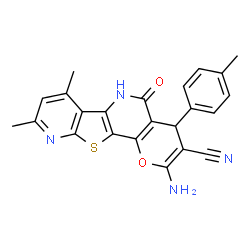 ChemSpider 2D Image | 4H-pyrano[2,3-d]thieno[3,2-b:5,4-b']dipyridine-3-carbonitrile, 2-amino-5-hydroxy-7,9-dimethyl-4-(4-methylphenyl)- | C23H18N4O2S