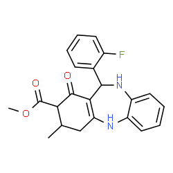 ChemSpider 2D Image | Methyl 11-(2-fluorophenyl)-3-methyl-1-oxo-2,3,4,5,10,11-hexahydro-1H-dibenzo[b,e][1,4]diazepine-2-carboxylate | C22H21FN2O3