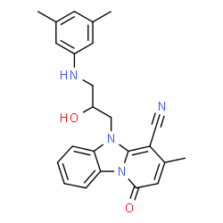 ChemSpider 2D Image | 5-{3-[(3,5-Dimethylphenyl)amino]-2-hydroxypropyl}-3-methyl-1-oxo-1,5-dihydropyrido[1,2-a]benzimidazole-4-carbonitrile | C24H24N4O2