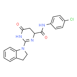 ChemSpider 2D Image | N-(4-Chlorophenyl)-2-(2,3-dihydro-1H-indol-1-yl)-6-oxo-1,4,5,6-tetrahydro-4-pyrimidinecarboxamide | C19H17ClN4O2