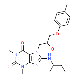 ChemSpider 2D Image | 8-(sec-Butylamino)-7-[2-hydroxy-3-(4-methylphenoxy)propyl]-1,3-dimethyl-3,7-dihydro-1H-purine-2,6-dione | C21H29N5O4