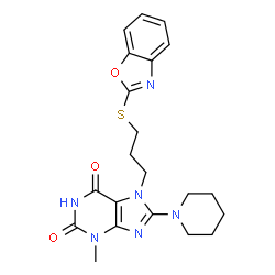 ChemSpider 2D Image | 7-[3-(1,3-Benzoxazol-2-ylsulfanyl)propyl]-3-methyl-8-(1-piperidinyl)-3,7-dihydro-1H-purine-2,6-dione | C21H24N6O3S