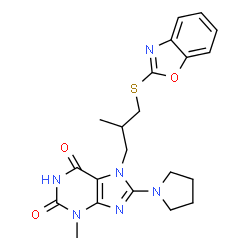ChemSpider 2D Image | 7-[3-(1,3-Benzoxazol-2-ylsulfanyl)-2-methylpropyl]-3-methyl-8-(1-pyrrolidinyl)-3,7-dihydro-1H-purine-2,6-dione | C21H24N6O3S