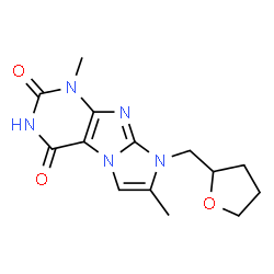 ChemSpider 2D Image | 1,7-Dimethyl-8-(tetrahydro-2-furanylmethyl)-1H-imidazo[2,1-f]purine-2,4(3H,8H)-dione | C14H17N5O3
