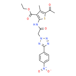 ChemSpider 2D Image | Ethyl 5-acetyl-4-methyl-2-({[5-(4-nitrophenyl)-2H-tetrazol-2-yl]acetyl}amino)-3-thiophenecarboxylate | C19H18N6O6S