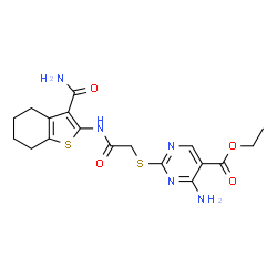 ChemSpider 2D Image | Ethyl 4-amino-2-({2-[(3-carbamoyl-4,5,6,7-tetrahydro-1-benzothiophen-2-yl)amino]-2-oxoethyl}sulfanyl)-5-pyrimidinecarboxylate | C18H21N5O4S2